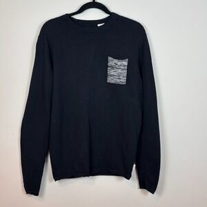 Manguun Mens Waffle Knit Black Contrast‎ pocket Long Sleeve Heavyweight Tee MED